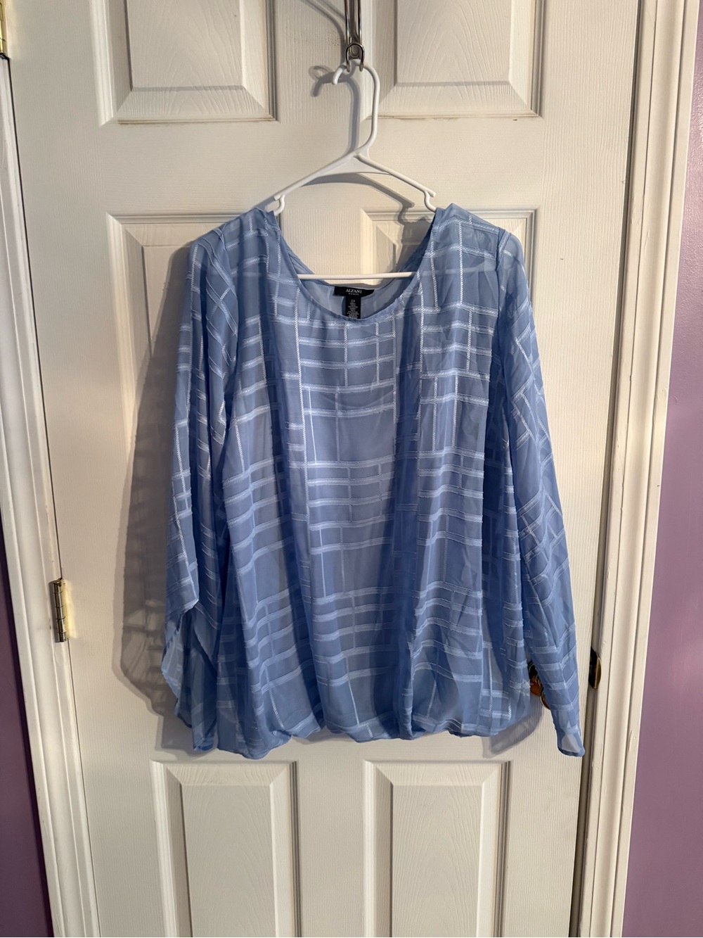 Alfani Light Blue Sheer Grid-Pattern Blouse